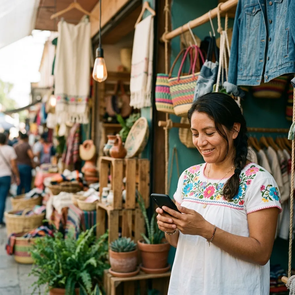 Vendedora mexicana usando su celular en su puesto de tianguis, rodeada de ropa y artesanías