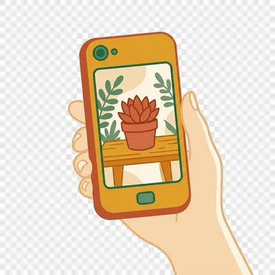 Ilustración de una mano sosteniendo un celular que toma la foto de un producto